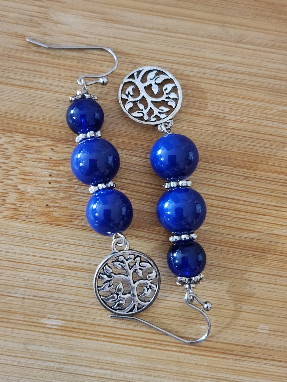 Hand Crafted Blue Bead Tree of Life Dangle Earrings
